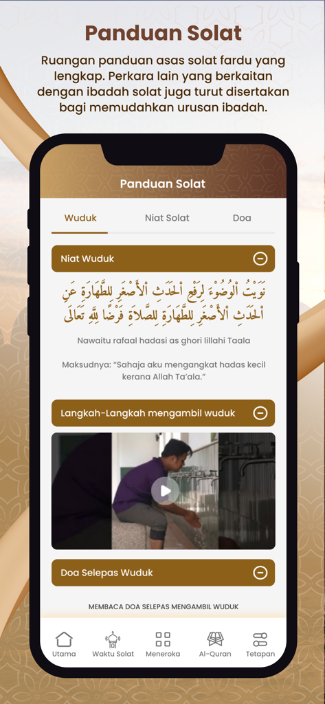 Waktu Solat Malaysia - A mobile app screen showing a prayer guide for performing Wudu with Arabic text, Malay translations, and a video tutorial.