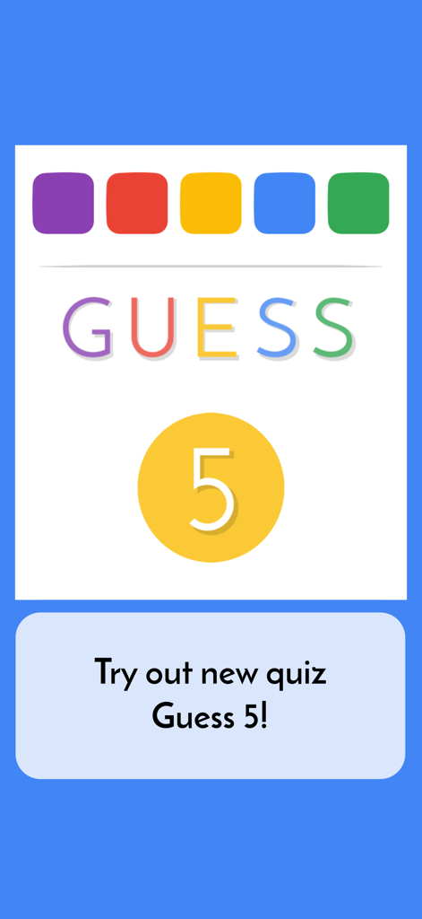 Intro screen for the Guess 5 words quiz mobile game showing colorful lettering and a prompt to play.