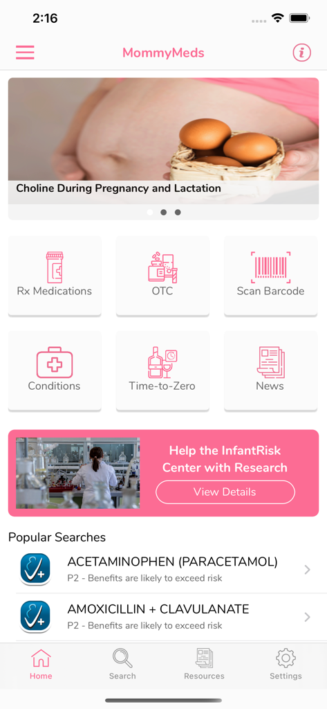 MommyMeds - MommyMeds app home screen showing medication safety categories and popular drug searches