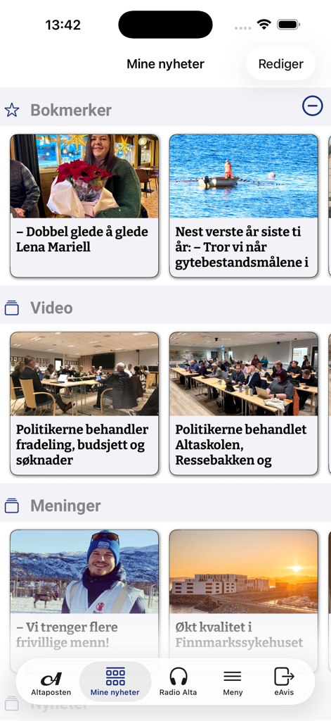 Altaposten - Uno screenshot dell'app Altaposten che mostra un feed di notizie personalizzato con segnalibri e categorie video