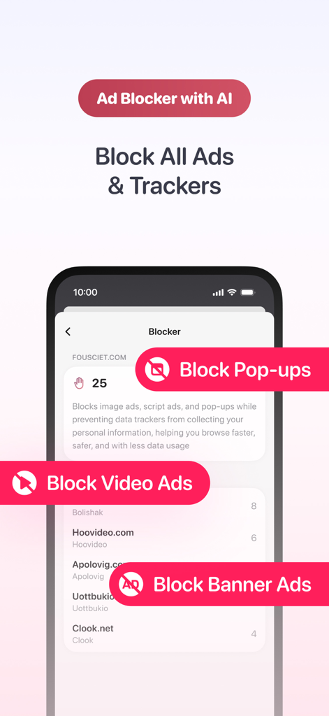 Captura de pantalla de la aplicación del navegador Quetta que muestra el bloqueo de anuncios con IA para pop-ups, anuncios de vídeo y anuncios de banner.
