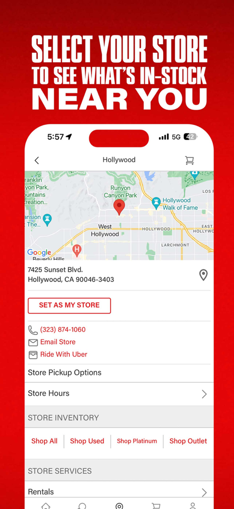 Guitar Center app screen displaying a map for selecting a local store to check in-stock inventory
