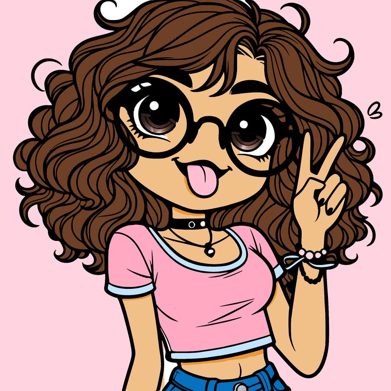 girl sticking out her tongue curly hair glasses and showing peace hand  and is where it jeans and a crop top and a choker