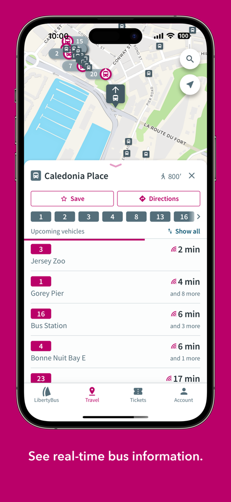 LibertyBus - LibertyBus 모바일 앱 인터페이스에 캘리도니아 플레이스 버스 정류장의 실시간 버스 위치와 예정 도착 시간이 표시된 지도.