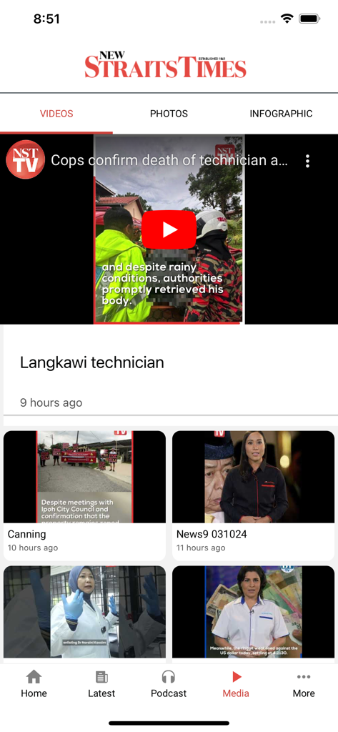 Sezione video news dell'app New Straits Times Mobile
