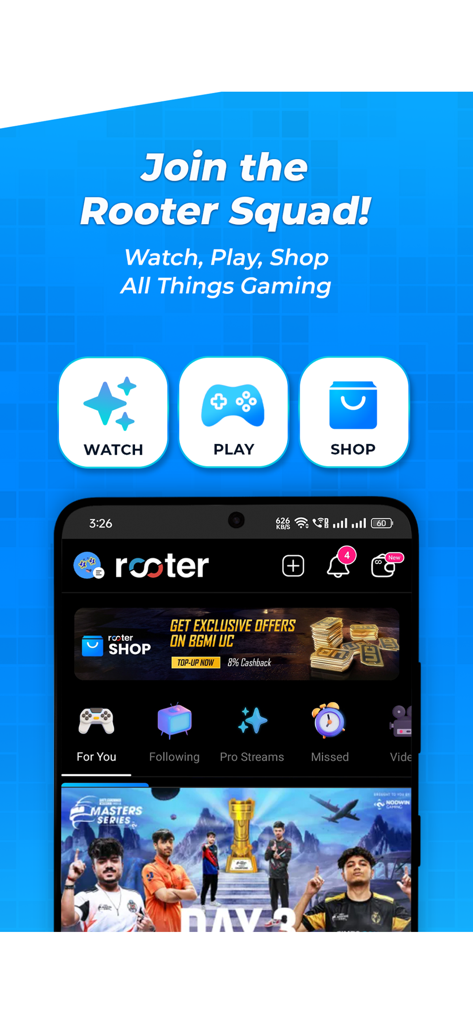 Rooter: Watch Gaming & Esports - Pantalla de inicio de la aplicación Rooter con iconos de ver, jugar y comprar, y contenido de transmisiones de esports