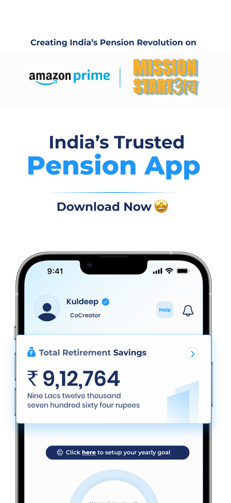 NPS by PensionBox - NPS by PensionBox app interface showing total retirement savings dashboard and Amazon Prime Mission Start Ab partnership logo