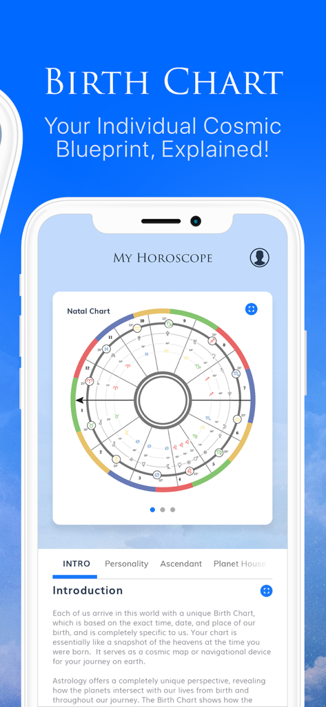 My Horoscope - Daily Astrology - The My Horoscope app interface displaying a detailed natal birth chart wheel with zodiac symbols and an introductory explanation of a cosmic blueprint.