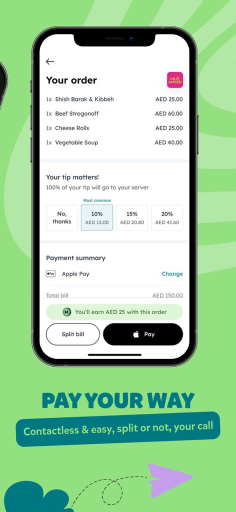 Tela de resumo de pagamento do aplicativo Kitopi com detalhes do pedido, opções de gorjeta e recurso de divisão de conta.