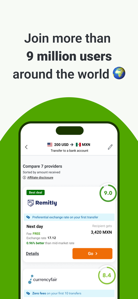 Monito: Money Transfer Deals - Monito app interface comparing money transfer rates and fees from USD to MXN showing Remitly as the best deal.