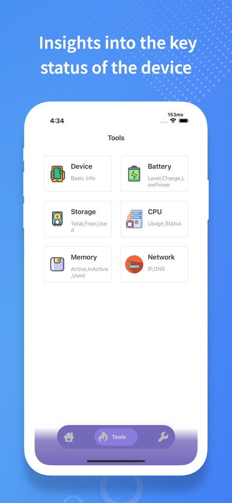 NetClash mobile app showing device battery storage and network status tools