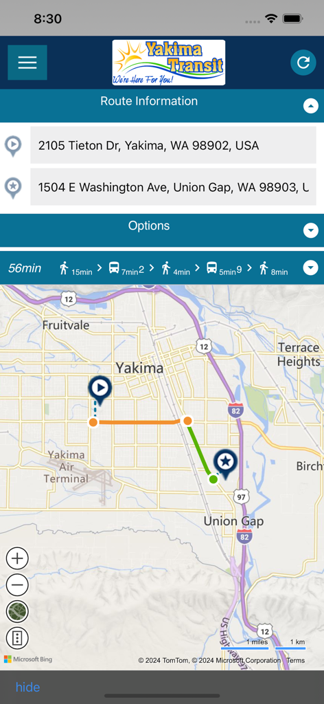 Yakima Transit - Écran de l'application Yakima Transit montrant un itinéraire de bus planifié et une carte de Yakima à Union Gap