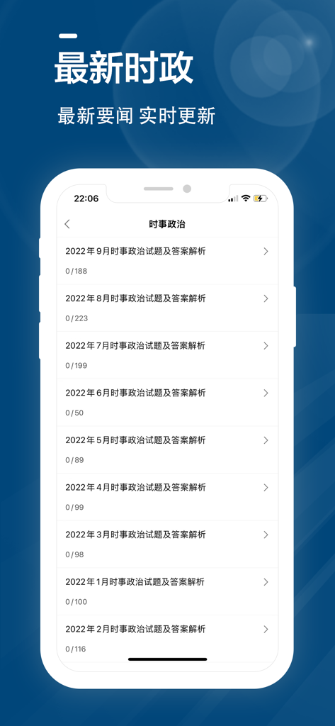 App screen showing current affairs practice questions organized by month for 2022