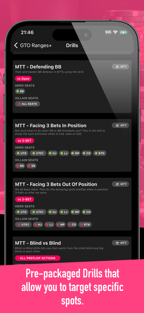 GTO Ranges+ Poker Solver - Interfaz de aplicación móvil que muestra varios ejercicios de entrenamiento de póker para escenarios de MTT, incluyendo defender BB y enfrentarse a 3 bets.