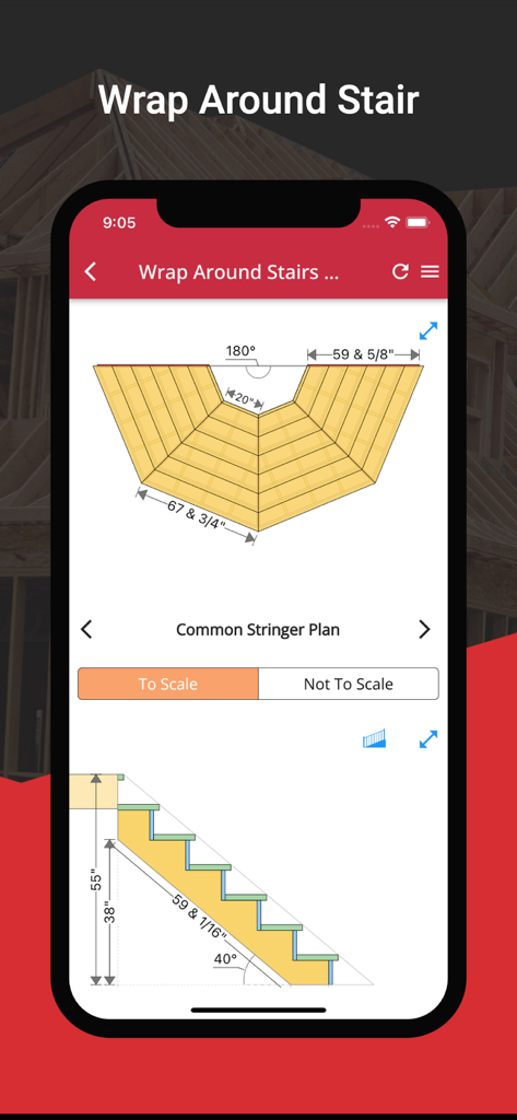 Plano de escalera envolvente con medidas detalladas y perfil de zanca en la aplicación RedX Stairs