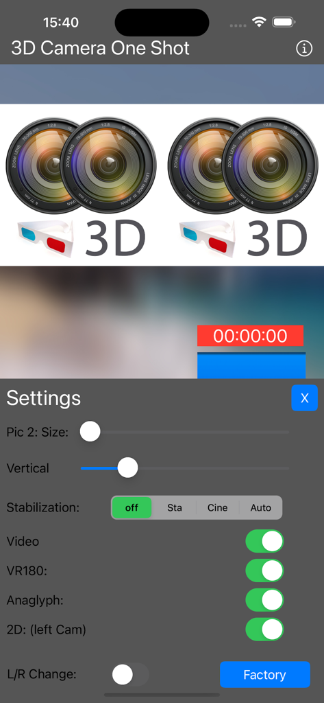 3D Camera One Shot - Settings menu of 3D Camera One Shot app showing calibration sliders and 3D output options