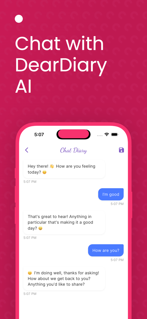 Dear Diary AI - Journal - Smartphone screen showing a conversational chat between a user and Dear Diary AI journal