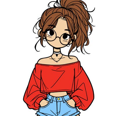girl with a messy ponytail glasses a baggy crop top and jean shorts