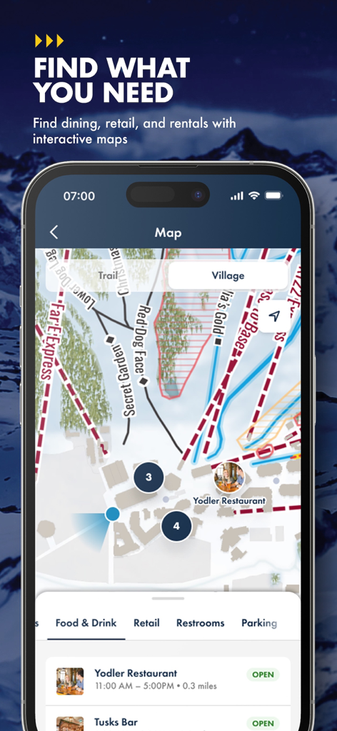 Ikon Pass - Ikon Pass app interface showing an interactive resort map with ski trails and dining options like Yodler Restaurant.