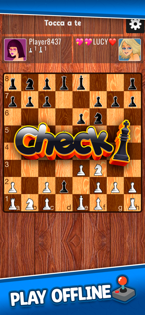 Chess Plus - Board Game - Screenshot des Chess Plus Mobile Games, der ein laufendes Schachspiel mit einem Schachzug und einem Banner für den Offline-Modus zeigt