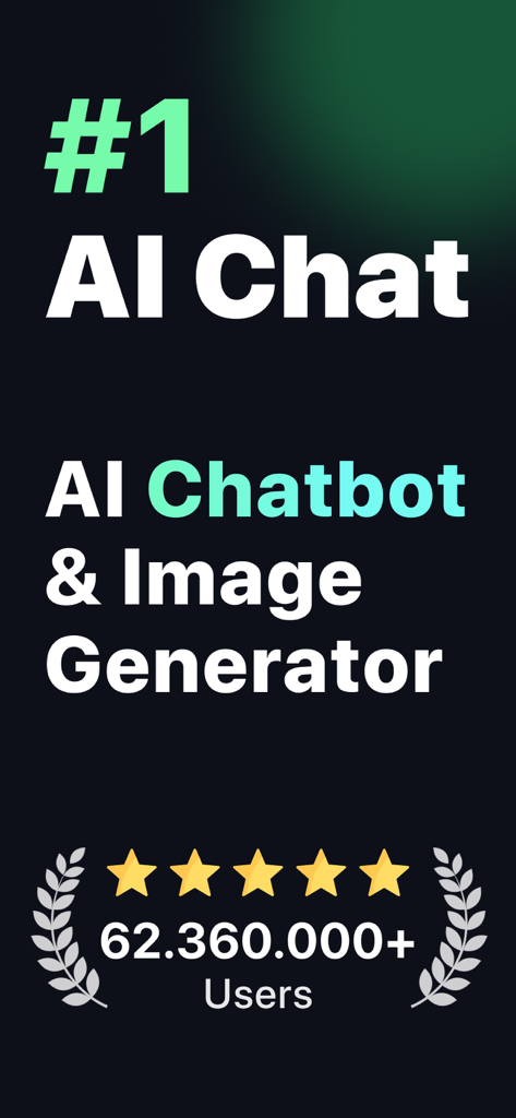 AI Chat − AI Chatbot Assistant - AI Chatbot and Image Generator app promotional screen showing a 5-star rating and over 62 million users