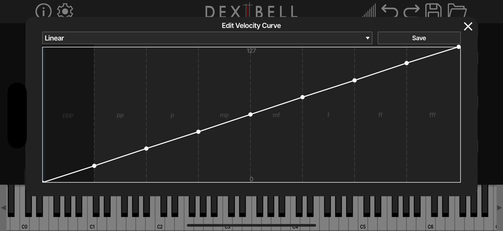 T2L Piano - The velocity curve editor screen in the T2L Piano app for customizing touch sensitivity