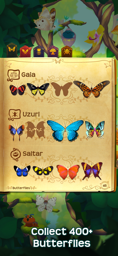 Flutter: Butterfly Sanctuary - The Flutterpedia collection book in Flutter Butterfly Sanctuary showing various colorful butterfly species to collect.