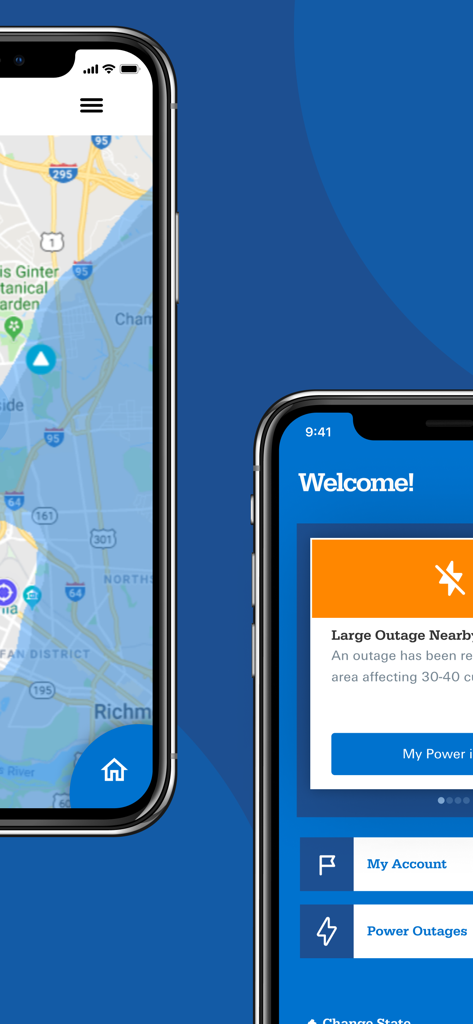 Dominion Energy - Dominion Energy mobile app interface showing a real time outage map and a dashboard with a power outage notification