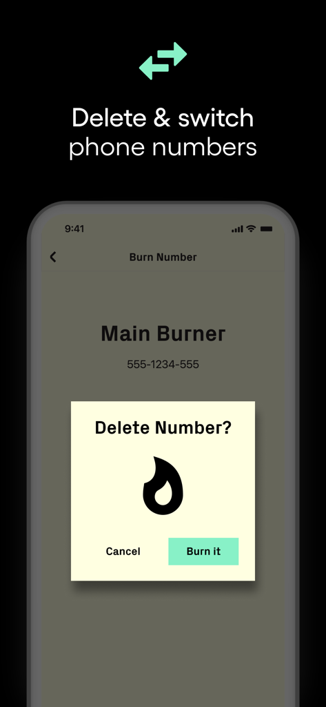 A smartphone screen displaying the delete number confirmation in the Burner app.