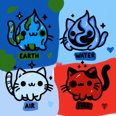 4 cats that represent the different elements, earth, water, air, and fire