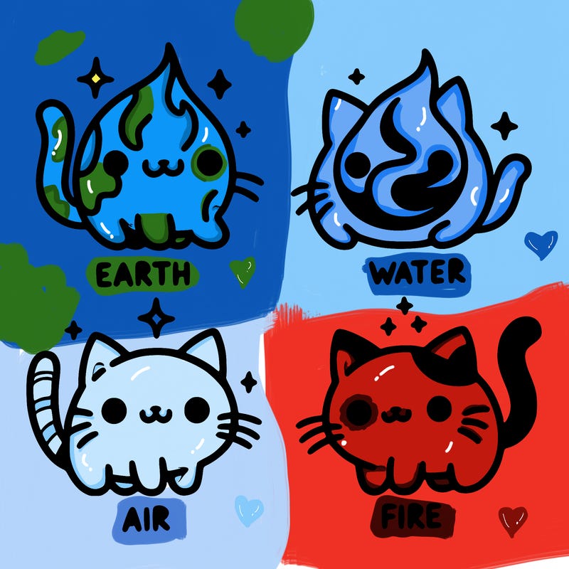 4 cats that represent the different elements, earth, water, air, and fire