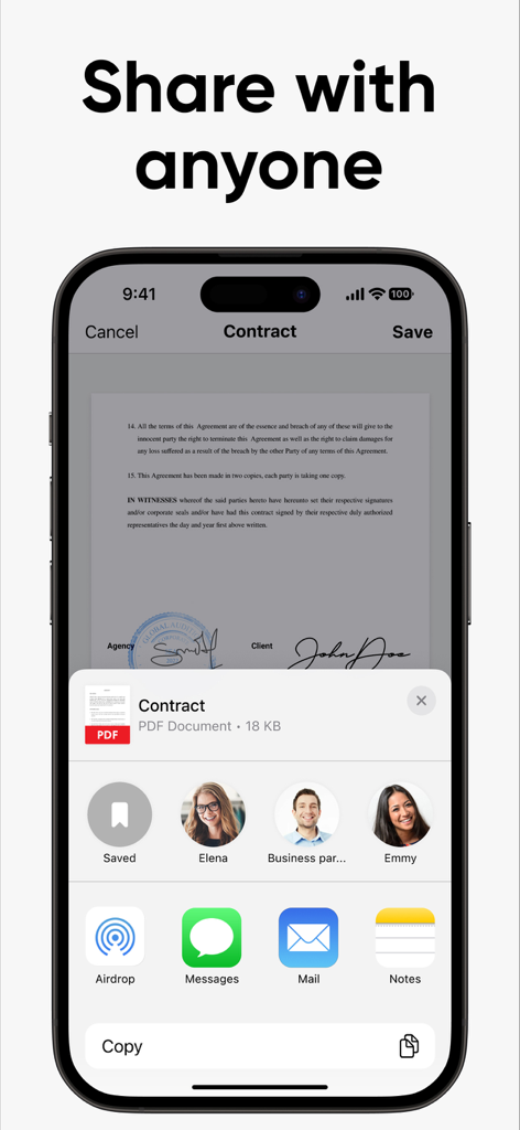 eSign App: Sign PDF Documents - iPhone-Bildschirm, der die Freigabeaufforderung für einen signierten PDF-Vertrag mit Optionen zum Senden per Mail oder Nachrichten zeigt