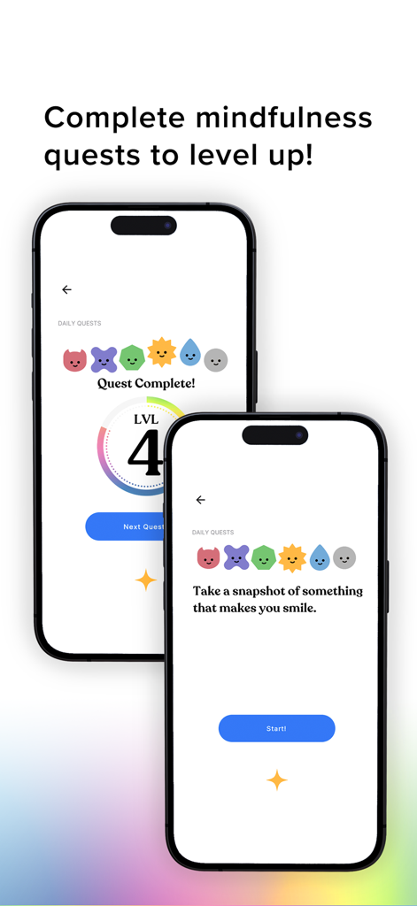 HOPECORE - 2台のiPhoneが、ホプコアアプリのインターフェースを表示し、毎日のマインドフルネスクエストとレベルアップの進捗状況を示しています