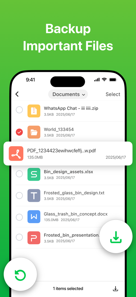 Interfaz móvil de la aplicación ReChat que muestra una lista de documentos y archivos recuperables, incluyendo PDFs y hojas de cálculo.