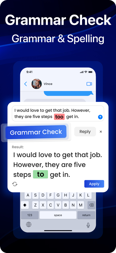 AI Keyboard : Type AI - AIキーボードアプリのインターフェース。テキストメッセージでのリアルタイムな文法およびスペル修正を示しています。