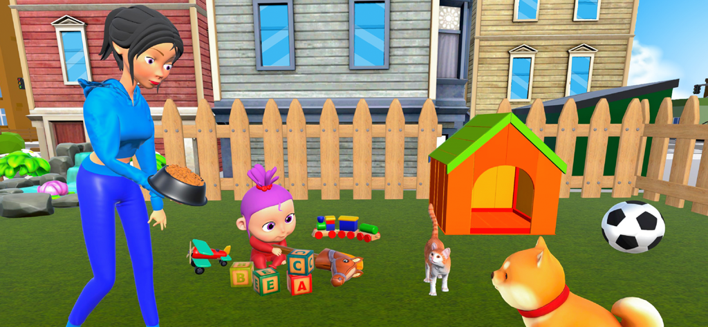 Mother Life Simulator Games - Una madre alimentando a sus mascotas en el patio trasero mientras un bebé juega cerca.