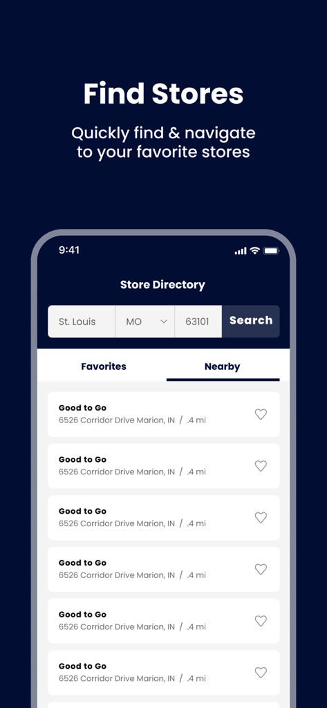 Good To Go & My Good Rewards - A mobile interface for the Good To Go app showing a store directory with search options and a list of nearby gas station locations.