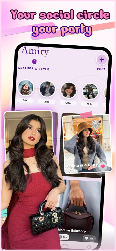 Amity - Chat - The Amity app interface showing a social feed for luxury handbag collectors featuring user profiles and curated bag collections