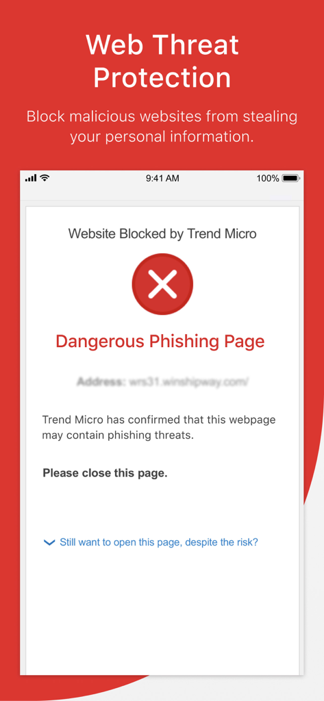 Trend Micro VPN mobile app screen showing a warning for a blocked dangerous phishing page