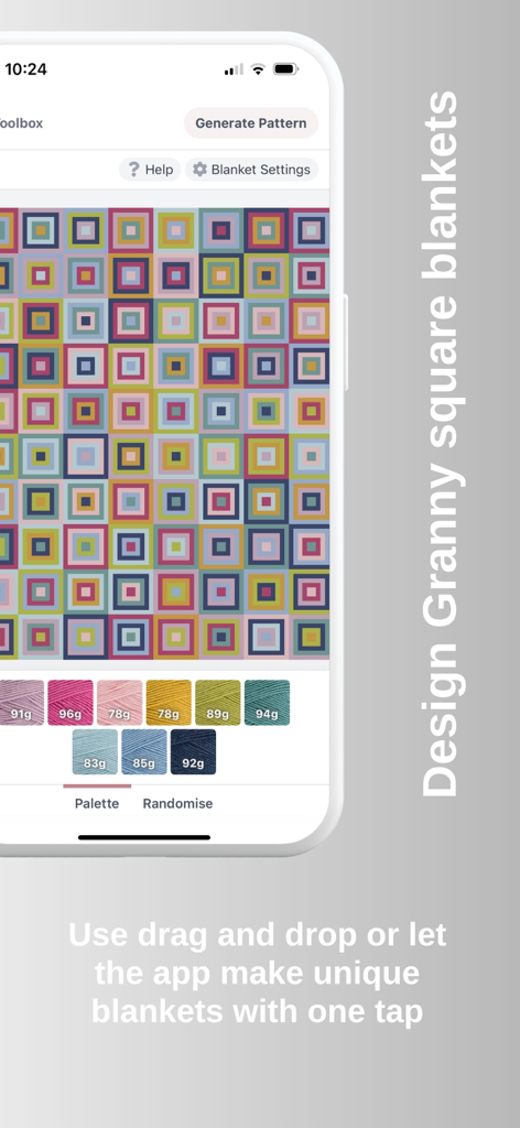 Interface of Crochet Studio app showing a colorful granny square blanket design and yarn color palette.
