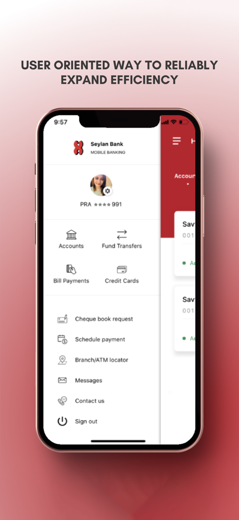 SEYLAN Mobile Banking App - Seylan Mobile Banking App navigation menu showing account features and fund transfer options