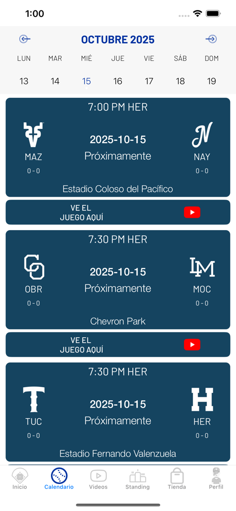 LAMP mx - LAMP mx app screen showing the Mexican Pacific League baseball game schedule