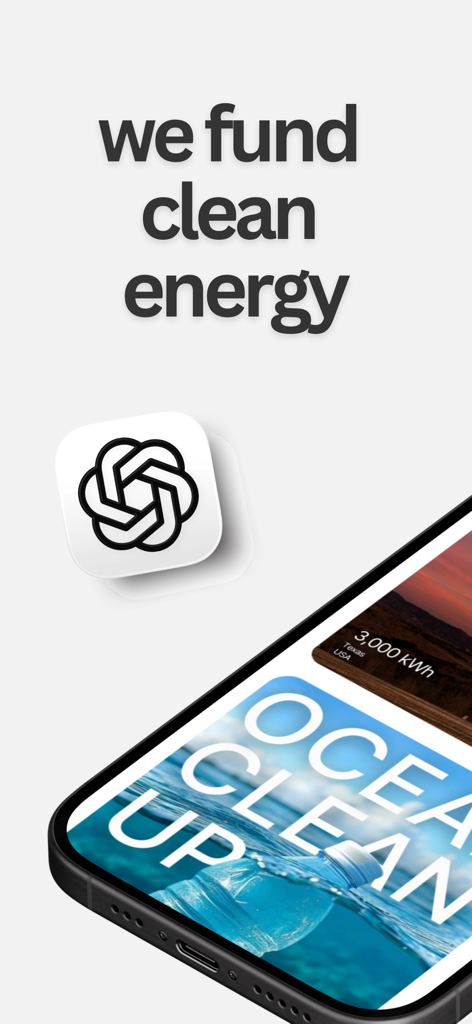 Viro - Eco-Friendly AI - Tela do aplicativo Viro mostrando texto de financiamento de energia limpa e detalhes de projetos de limpeza oceânica