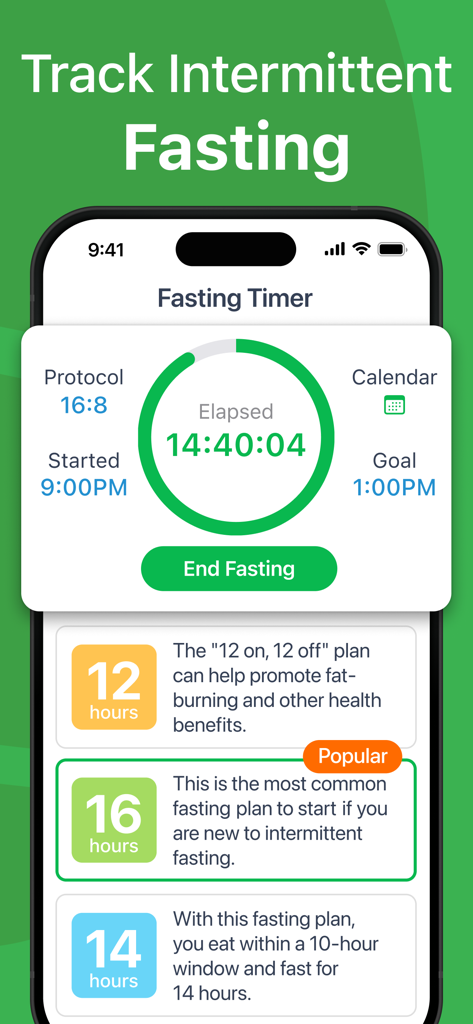 MyNetDiary app interface showing an intermittent fasting timer with a sixteen to eight protocol and different plan options