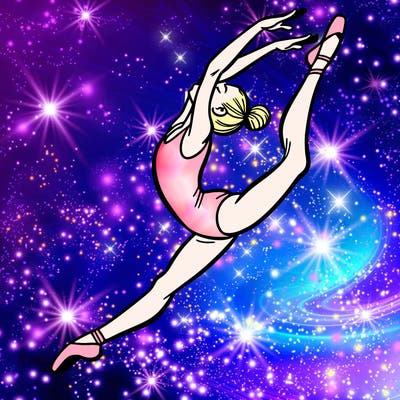 gymnast doing a leap in a leotard with a bent back leg