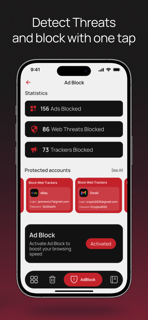 Total Security for Web & Phone - Onnotex app interface showing statistics for blocked ads web threats and trackers