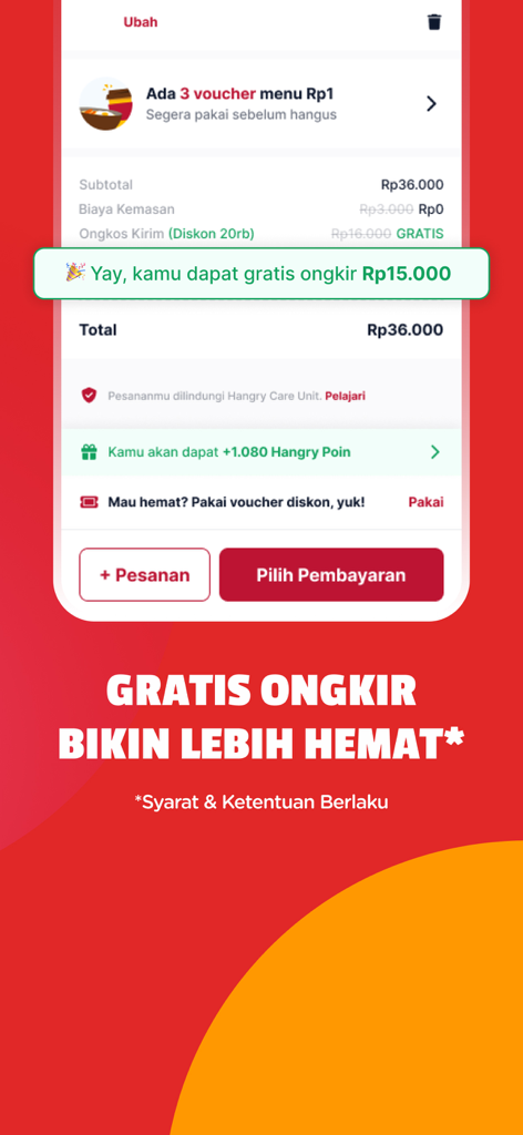 Pantalla de pago de la app Hangry con una promoción de envío gratis y el total del pedido