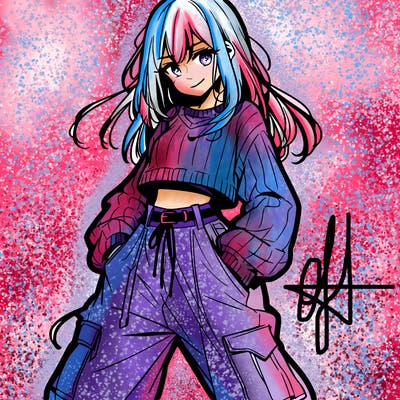 anime teen girl with baggy pants and crop top with sweater