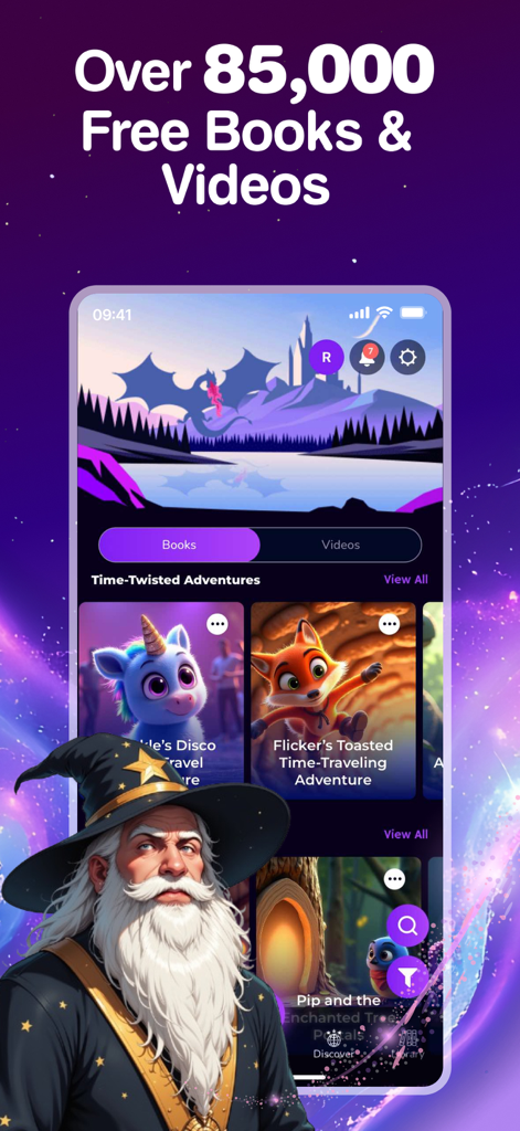 Storytime AI: Story Generator - Smartphone screen showing the Storytime AI app library with thousands of free children stories and videos