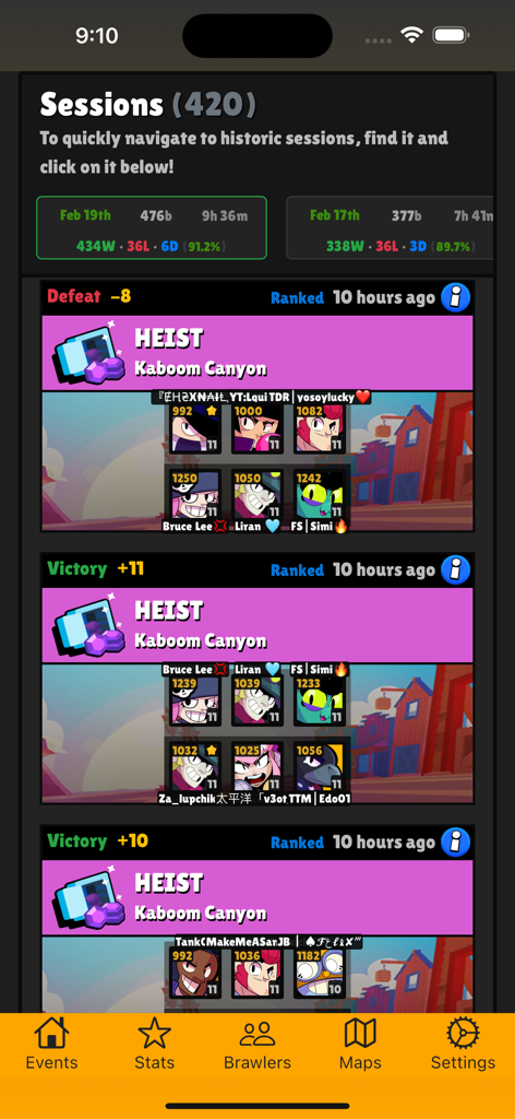 Aplicación Brawlify que muestra registros de batalla detallados e historial de sesiones de juego para Brawl Stars.